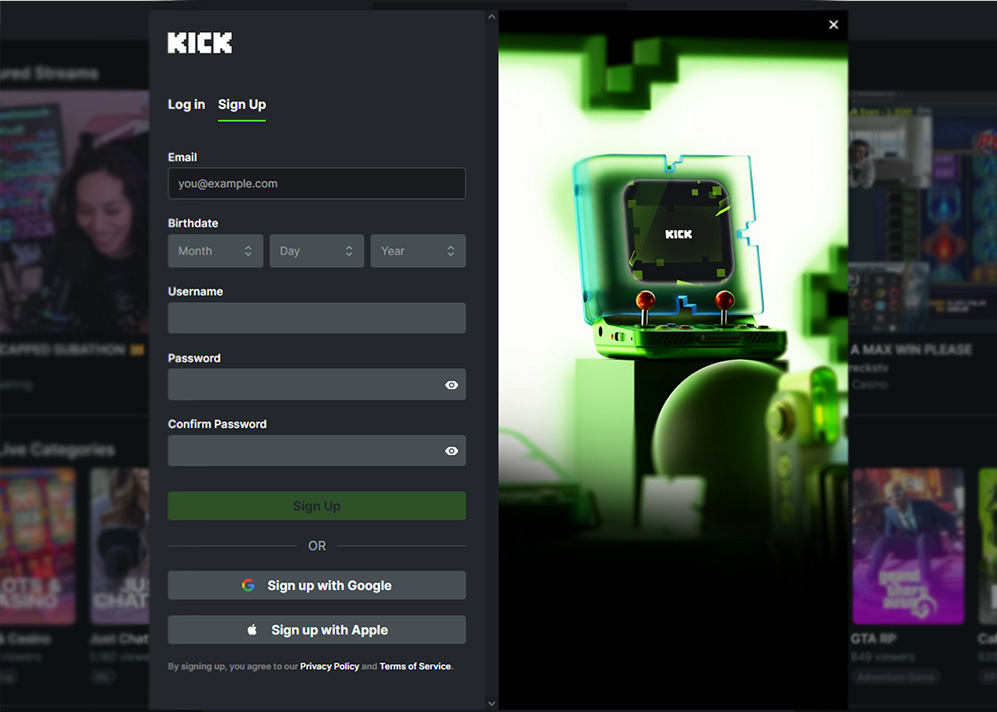 Kick sign up screen image